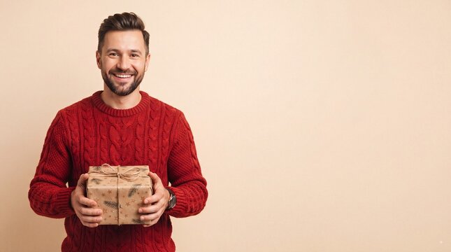 A smiling man with a beard wearing a red cable knit sweater holding a gift box wrapped in ad social media download thambnail poster web template event festival 2026 2027 2028
