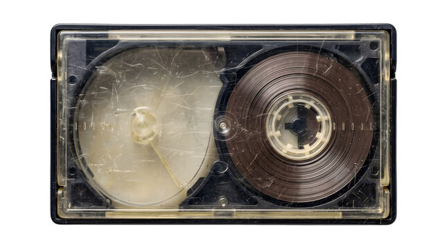 Old vintage analog magnetic video cassette tape with scratched clear plastic casing and black reel for nostalgic archives.