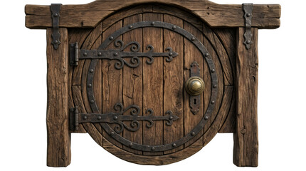 Obraz premium Rustic Round Wooden Hobbit Door with Decorative Wrought Iron Hinges, Fantasy Concept Asset Isolated on Light Background