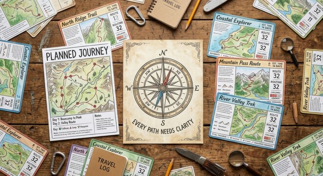 Vintage Compass Navigational Cards and Travel Log for Adventure Planning