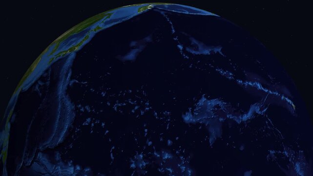 Rotating earth from space, night view showing illuminated cities and continents from orbit.