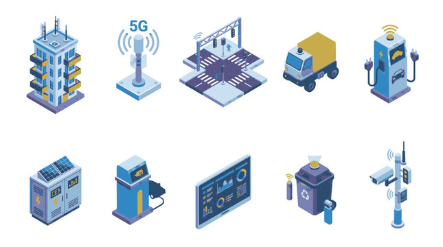 Isometric illustration of smart city elements including buildings, communication towers, and charging stations.