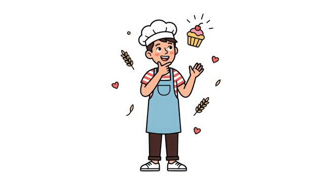 Young baker boy with a chef hat thinking of a cupcake idea.
