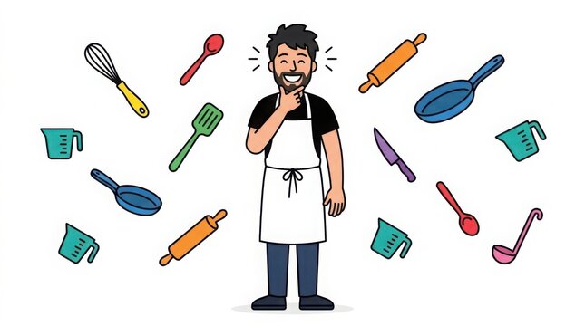 Happy chef with kitchen utensils in a thinking pose
