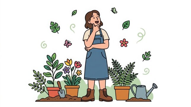 Young female gardener standing thoughtfully among potted plants