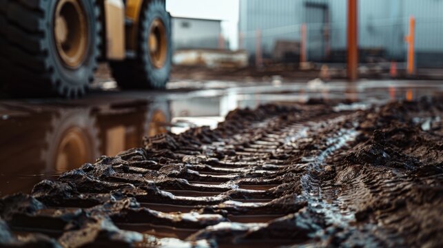 Warehouse forklift tire track in dark mud captured with Canon EOS R5
