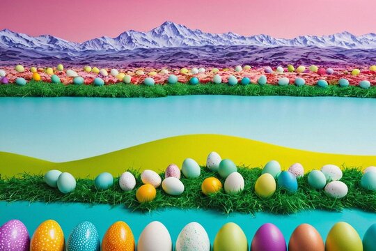 easter eggs in the grass and mountains