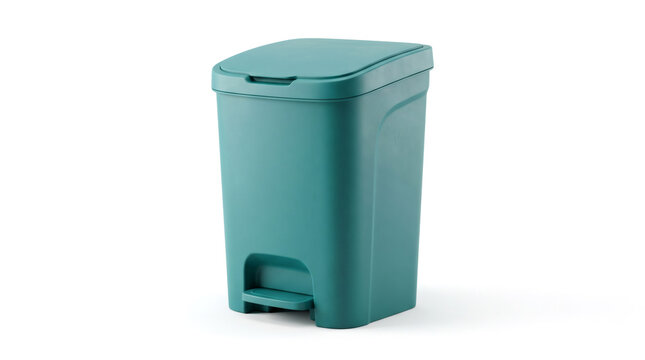 Teal Plastic Step Trash Can Isolated on White Background, Waste Management and Sanitation Concept