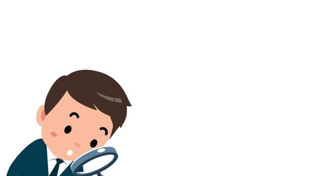 Animated flat vector businessman character looking down and inspecting with a magnifying glass, isolated on a white background, ideal for research, investigation, and analysis concepts