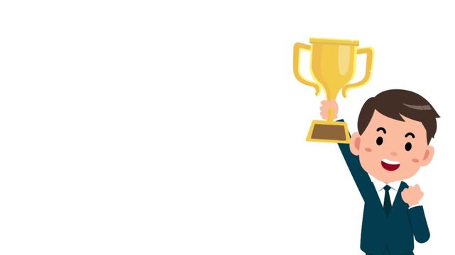 Animated flat vector businessman character proudly holding up a golden trophy cup, isolated on a white background, perfect for corporate success, winning, and achievement themes