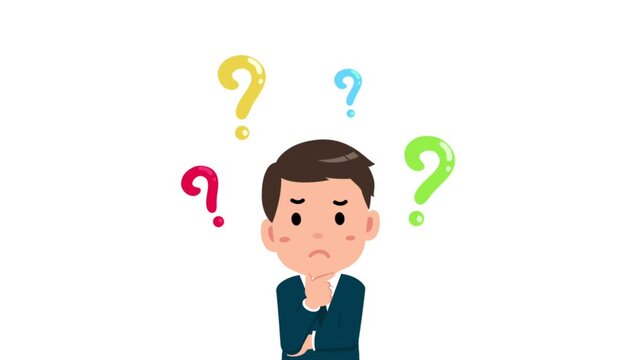 Animated flat vector confused businessman character thinking with colorful question marks floating above, isolated on a white background, great for problem-solving and FAQ concepts