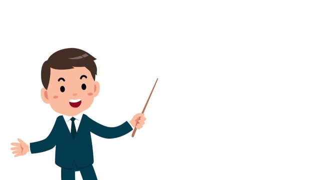 Animated flat vector businessman character presenting and gesturing with a pointer stick, isolated on a white background, suitable for corporate training, education, and business explanation