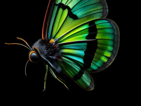 Macro of a vibrant emerald green and metallic teal butterfly isolated on black background