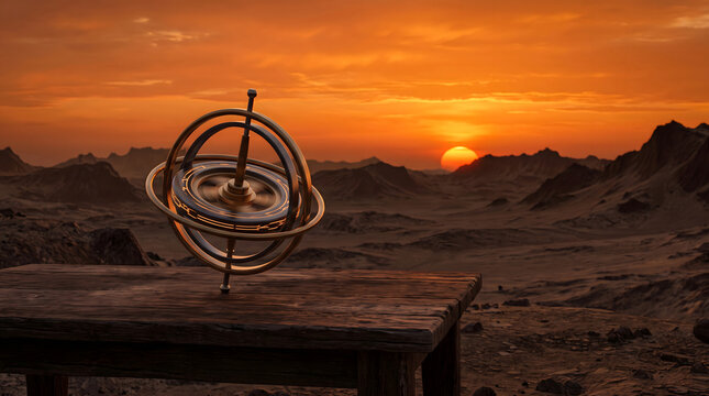 Spinning golden armillary sphere on a wooden table in a desert landscape during vibrant sunset