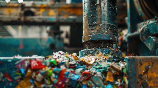 Industrial trash compactor Heavy piston and crushed plastic waste Canon photo