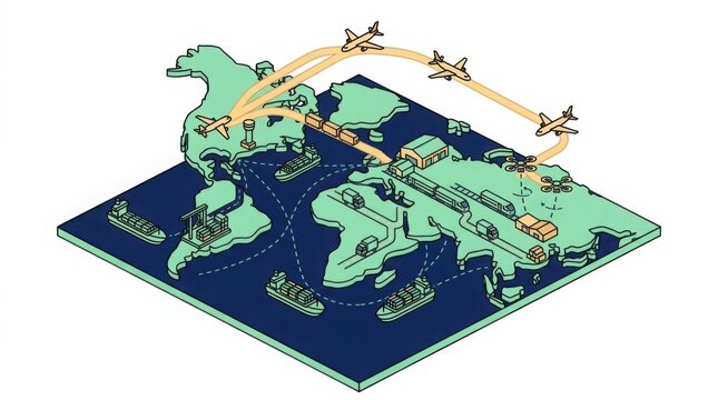 Isometric world map showing global logistics and supply chain routes