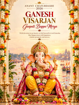 Ornate statue of lord ganesha prepared for traditional ganesh visarjan ceremony with ganpati bappa hindu festival ganesh chaturthi