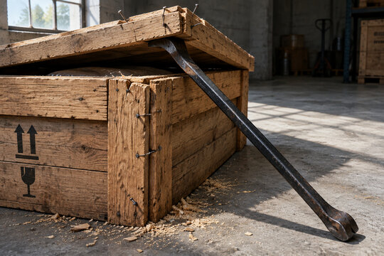 Steel pry bar opening wooden shipping crate lid, tools and construction concept