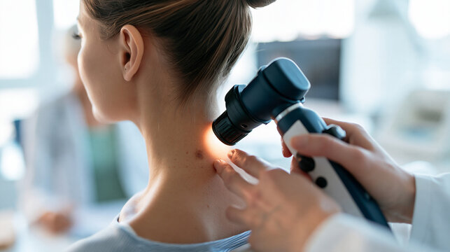 Hands of a european dermatologist using a dermatoscope to examine a mole on a patient's neck, bright modern dermatology clinic, skin examination technology, preventive healthcare