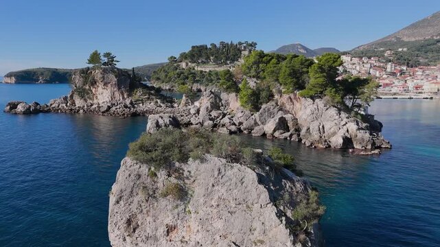 Aerial View of Rocky Islets and Coastal Town of Parga, Greece
