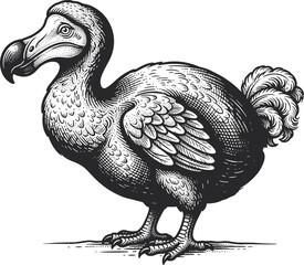 Vintage dodo bird vector illustration in a black and white hand drawn woodcut engraving style for historical biology nature or creative emblem designs © Rofiqul