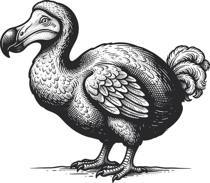 Vintage dodo bird vector illustration in a black and white hand drawn woodcut engraving style for historical biology nature or creative emblem designs