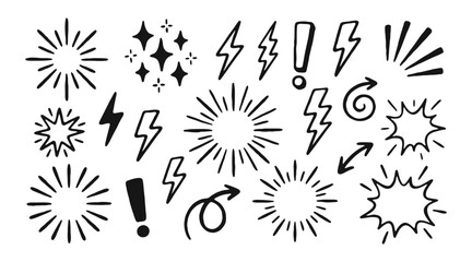 Obraz premium A hand drawn collection of lightning stars exclamation marks arrows and sunburst elements in a simple black ink style