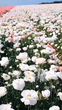 Beautiful Field of Blooming White and Pink Ranunculus Flowers Under Blue Sky