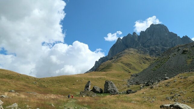 Chaukhi Massif rising above the alpine meadows of Juta in the Caucasus Mountains, Georgia