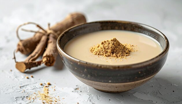 Traditional kava drink in a bowl with kava root and powder on grey background