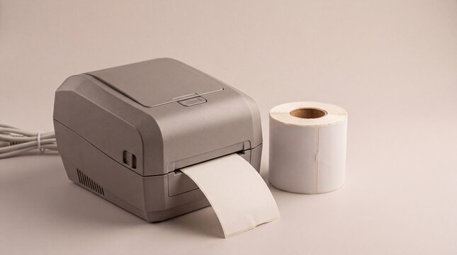 A thermal label printer with a roll of blank adhesive labels on a plain background