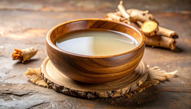 Traditional kava root drink in wooden bowl with roots on table