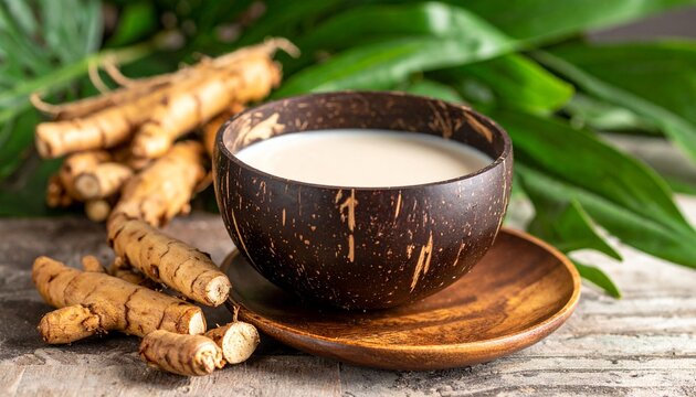 Traditional kava beverage served in a handmade coconut cup with kava roots