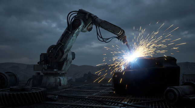 Weathered industrial robotic arm welding heavy metal parts in a desolate wasteland under a cloudy sky
