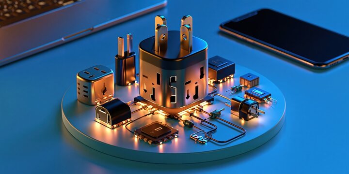 Futuristic Technology Concept: Digital Circuitry, Power Adapters, and Mobile Devices on a Blue Background