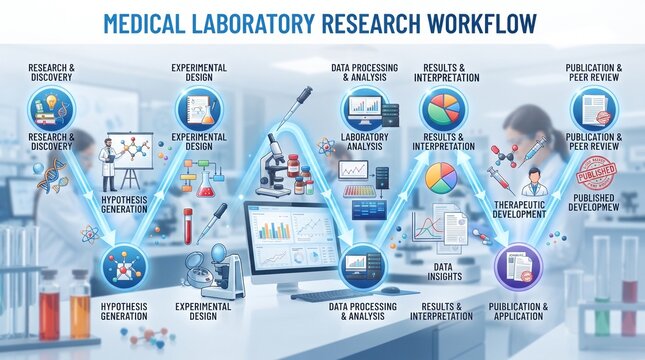 Professional Scientific Laboratory Research Process Infographic for Medical Study Workflow
