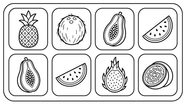 Set of outline illustrations of various tropical exotic fruits in square frames.