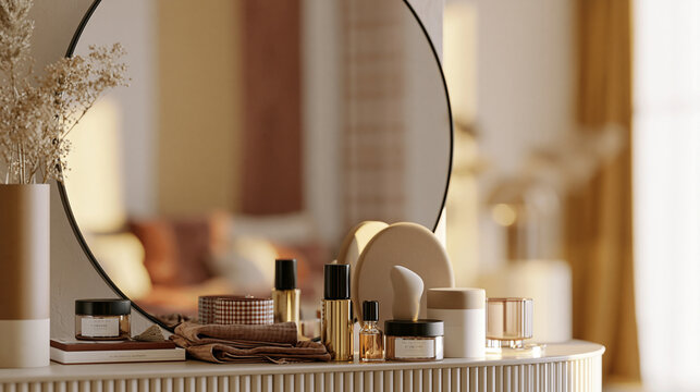 Modern vanity table with round mirror and skincare products in a bright room