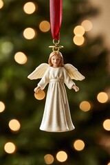 Fototapeta premium Elegant ceramic angel Christmas ornament with halo and wings, hanging against a blurred festive tree background