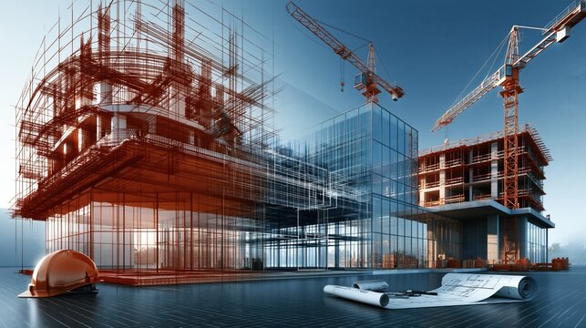 Futuristic architectural blueprint and 3D rendering of a modern skyscraper construction site with cranes