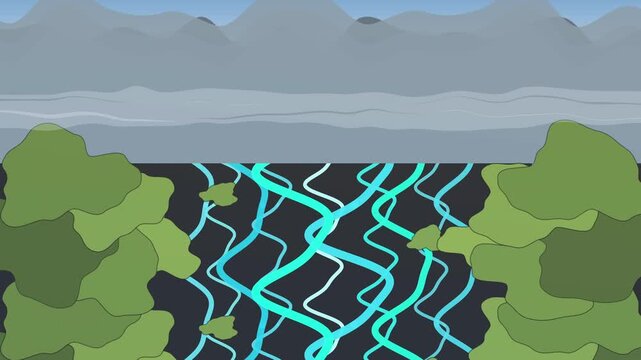 Pixel art landscape with waterfall cascading through abstract glowing blue energy lines, forest and mountains