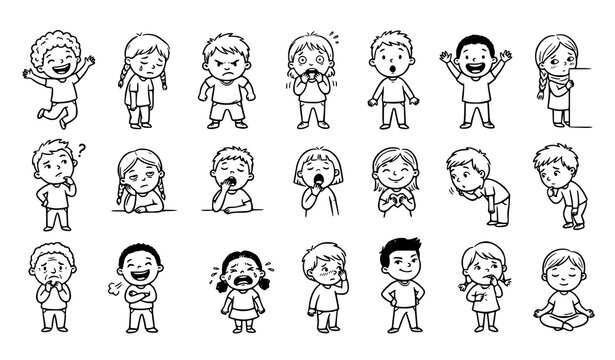 20 Diverse Children Emotion Expression Hand Drawn Doodle Icons