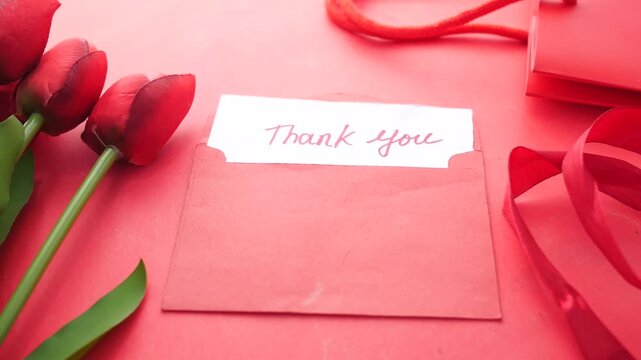 Red tulips being placed next to thank you card in red envelope on bright festive surface