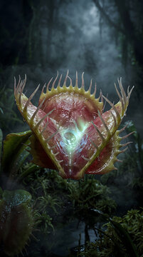 Bioluminescent carnivorous plant with red fleshy interior and spined edges in a misty alien forest