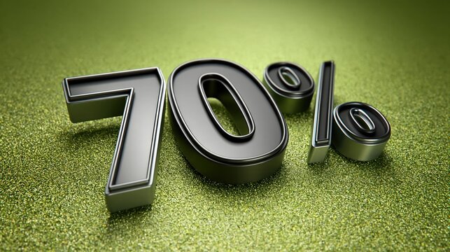 Metallic 70 Percent Symbol on a Textured Green Background, Representing Discounts and Sales