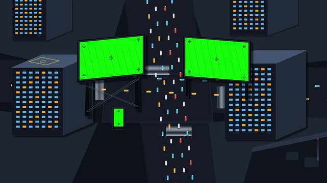 Pixelated city scene with green screen billboards, data streams, and glowing buildings