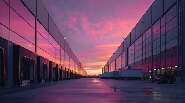 Realistic wide shot of distribution center docks at dawn captured on Canon EOS R5