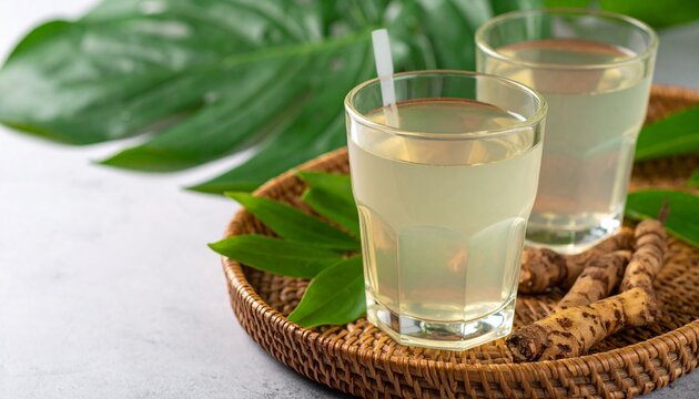 Herbal kava root beverage on a woven rattan tray with green leaves