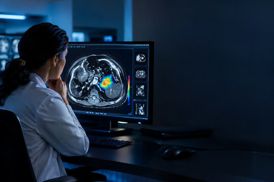 Female radiologist examining a medical CT scan on a computer monitor in a dark lab