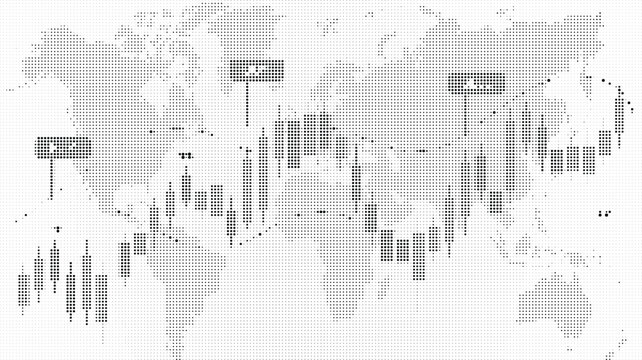 Abstract world map composed of halftone dots with candlestick financial charts